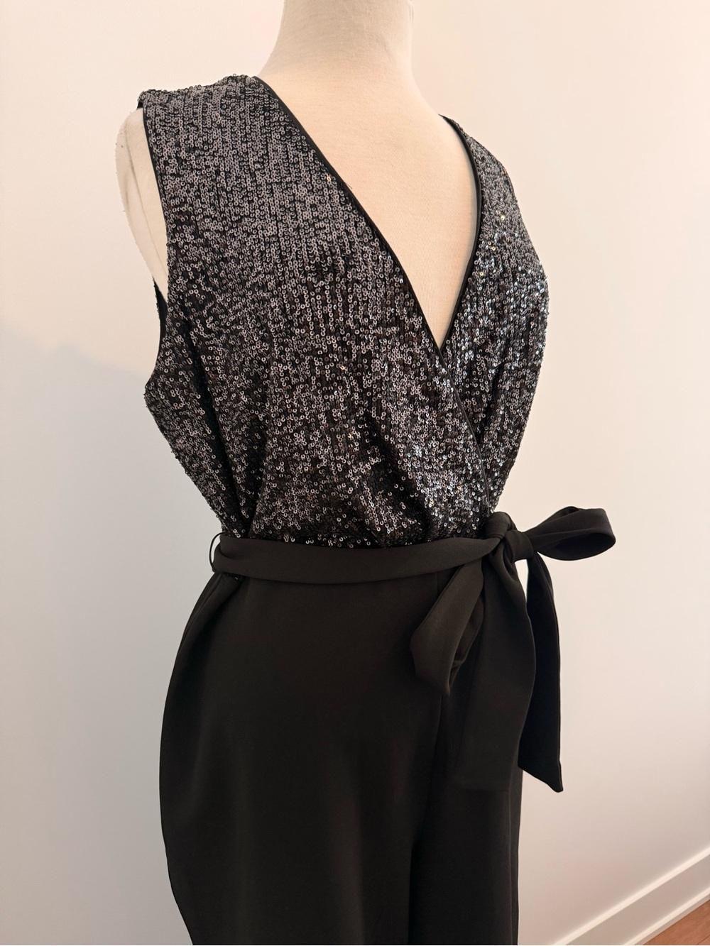 Suzy Shier Black Sequin Wrap-Front Jumpsuit with Waist Tie